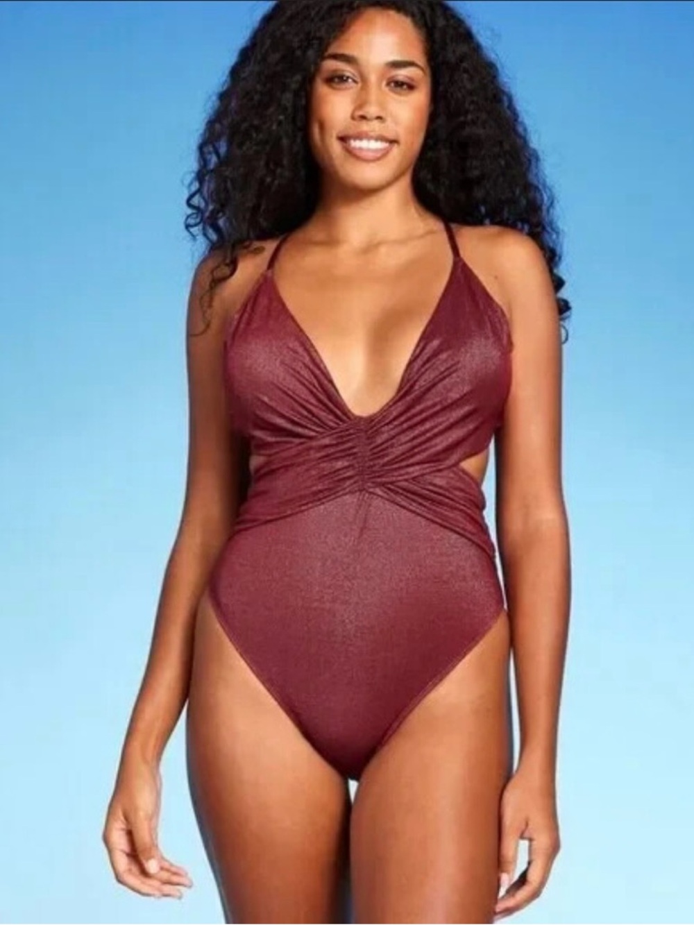Plunge One-Piece Swimsuit in Deep Sparkle Burgundy Womens plus Size 12-14